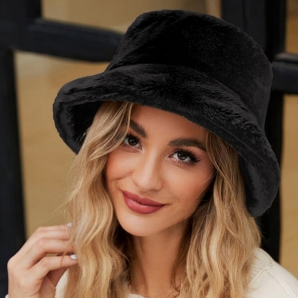 Black Faux Rabbit Fur Bucket Hat